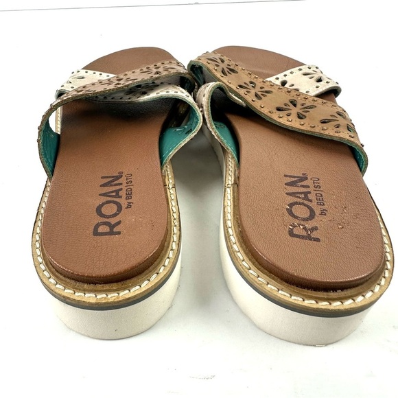 Roan Bed Stu Chant Sandals 7.5  Leather Brown Ivory Cutout Floral Slides Womens - Picture 7 of 8